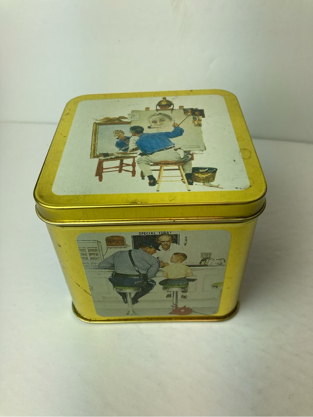 1994 Norman Rockwell Gold Illustrated Square Tin Storage Box 4” X 4”  Empty Tin